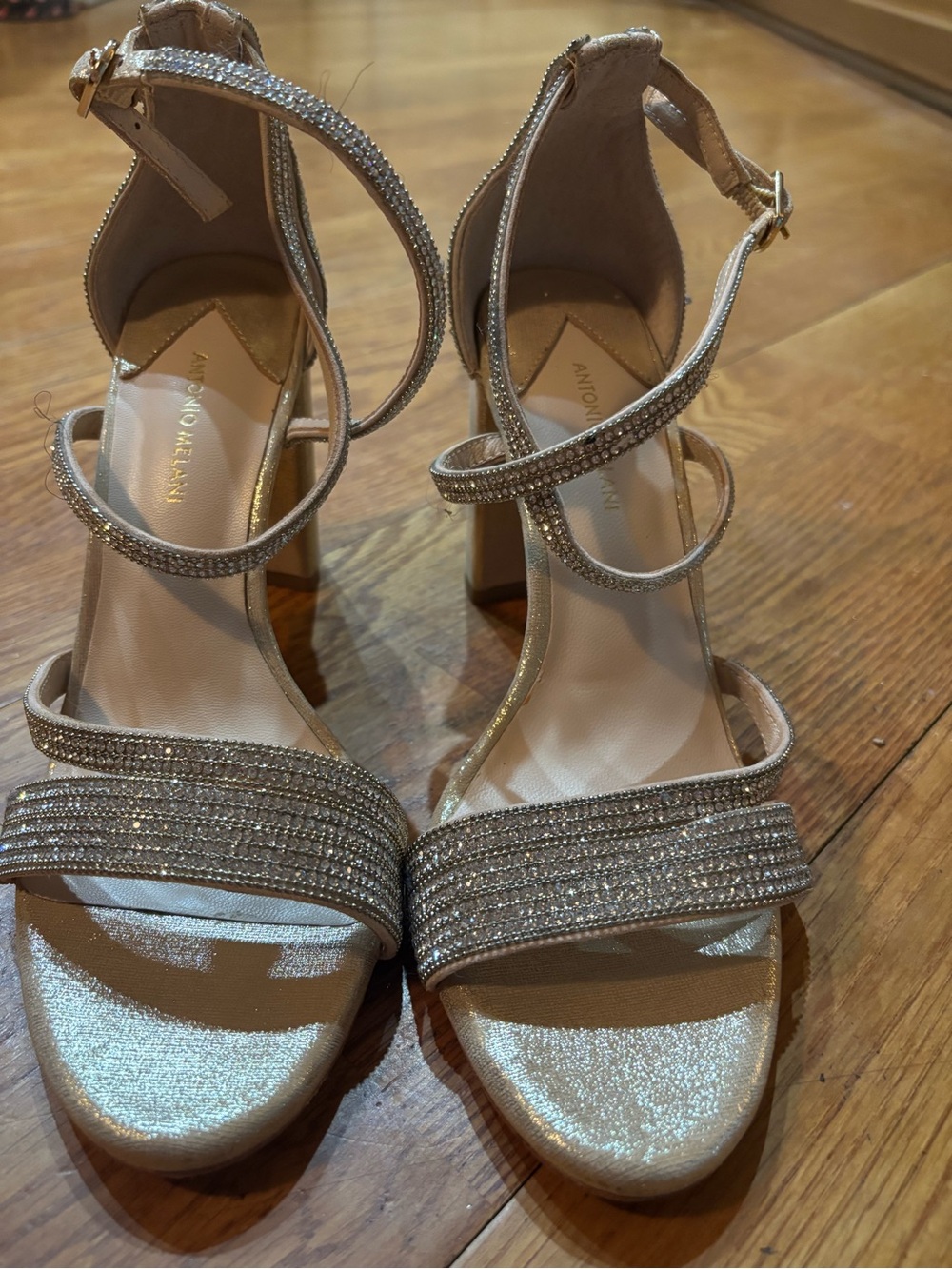 Antonio Melani Champagne Gold Strappy Block Heel Sandals